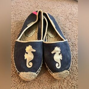 Lilly Pulitzer Lia Seahorse Espadrilles Flat Shoes Blue Gold